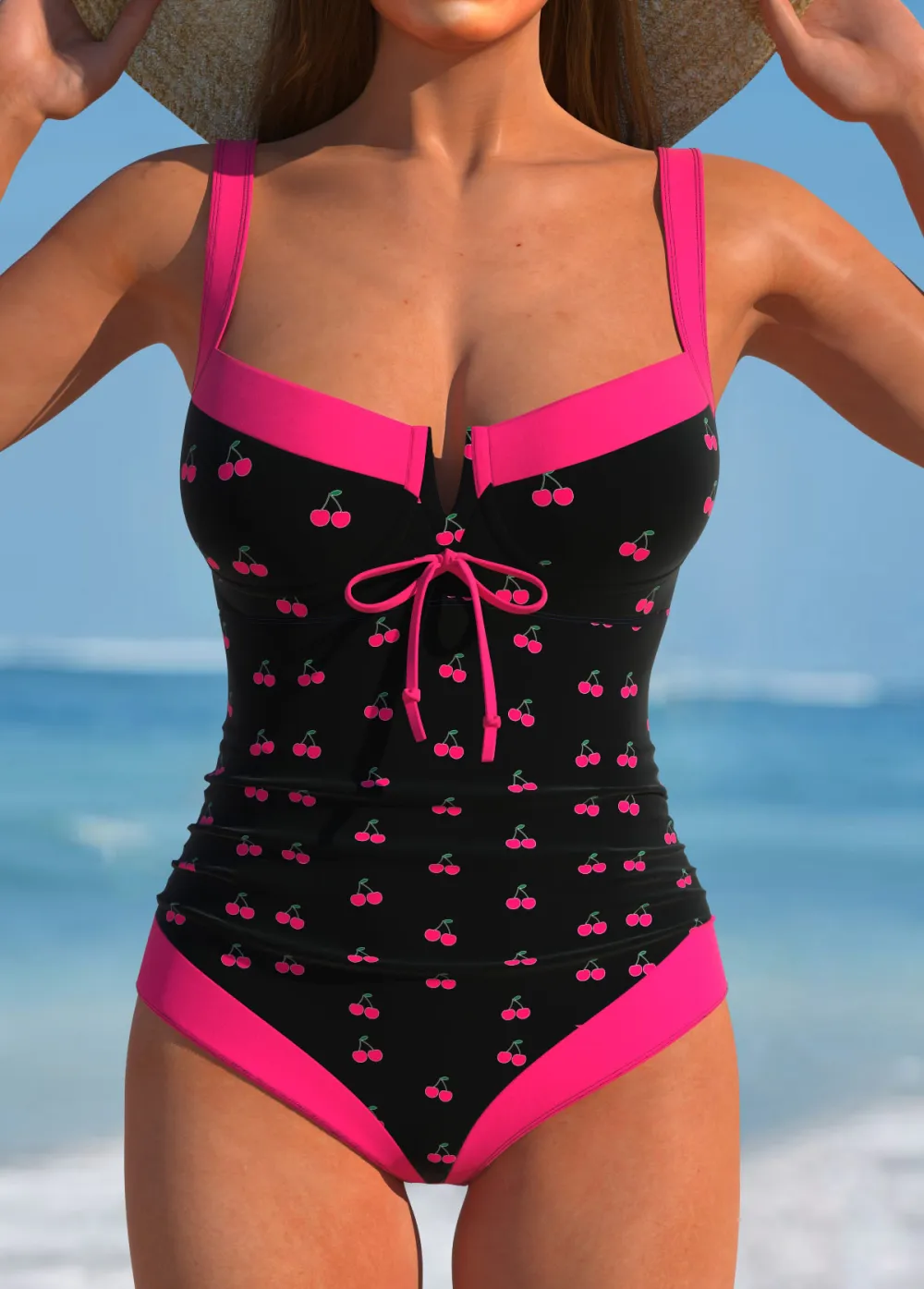 Cut Out Hot Pink Tie One Piece Swimwear