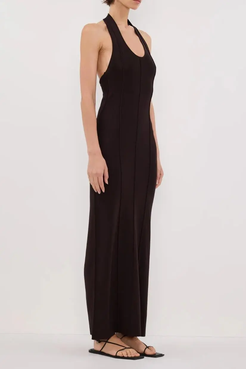 LISS BITTER CHOC HALTER KNIT MAXI DRESS