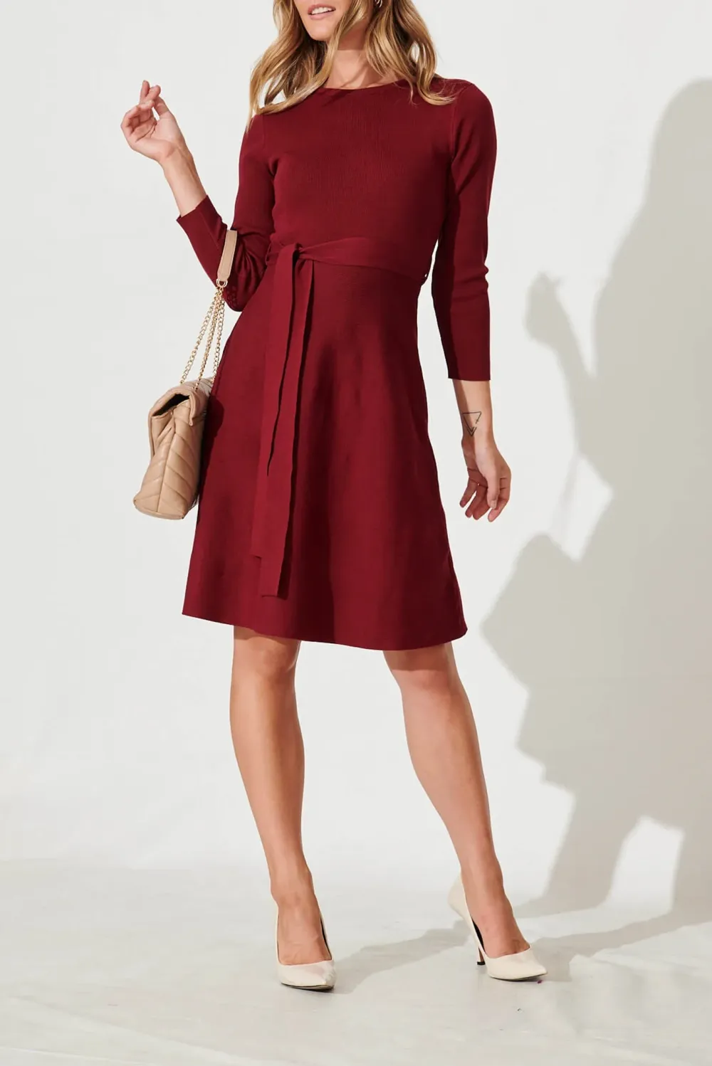 Burgundy Belted Knitted Dress