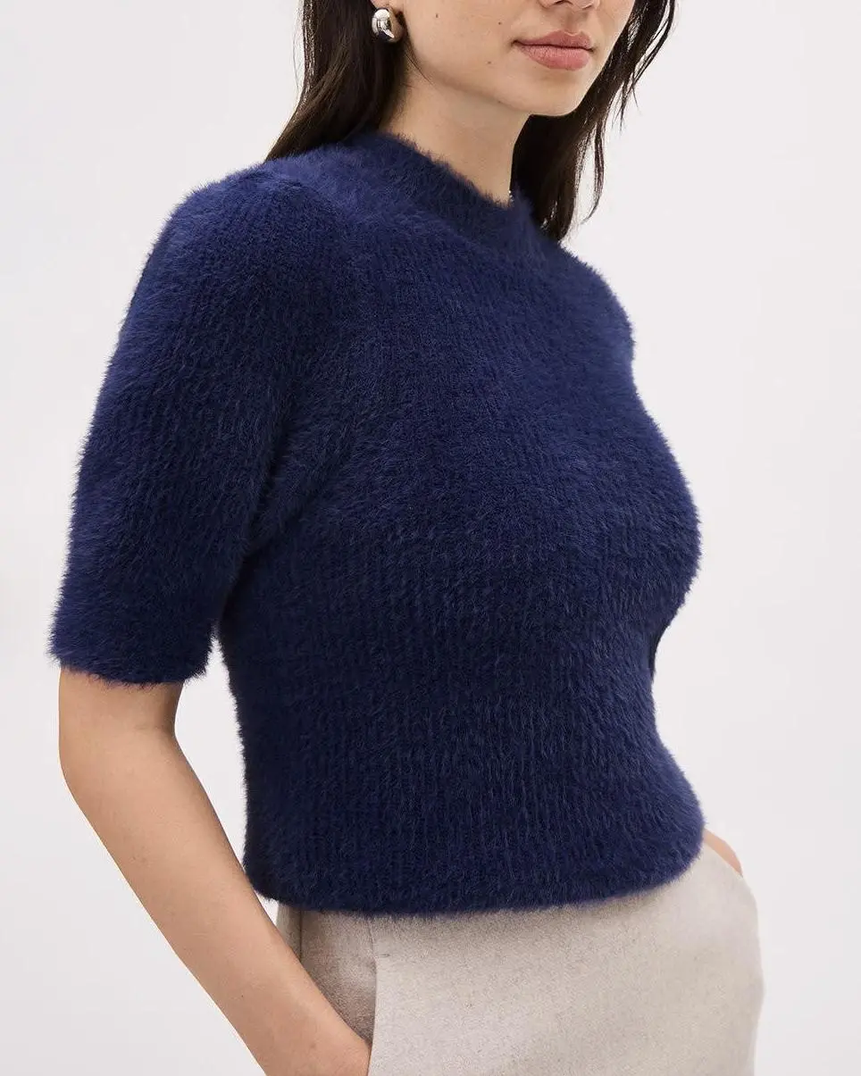 Elbow-Sleeve Mock-Neck Feather-Yarn Pullover