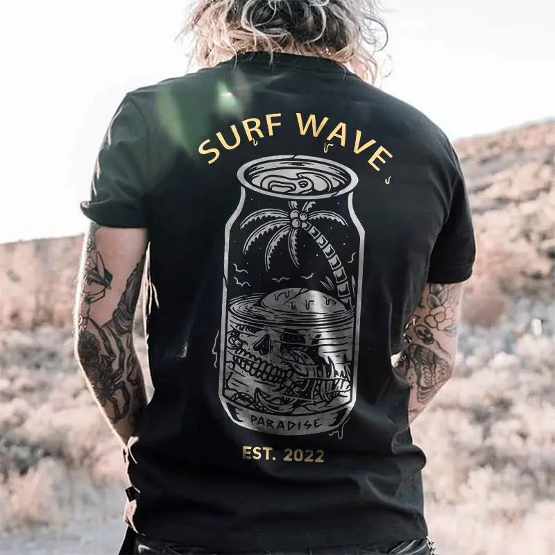 Surf Wave Printed Skull Bottle Island Men's T-shirt
