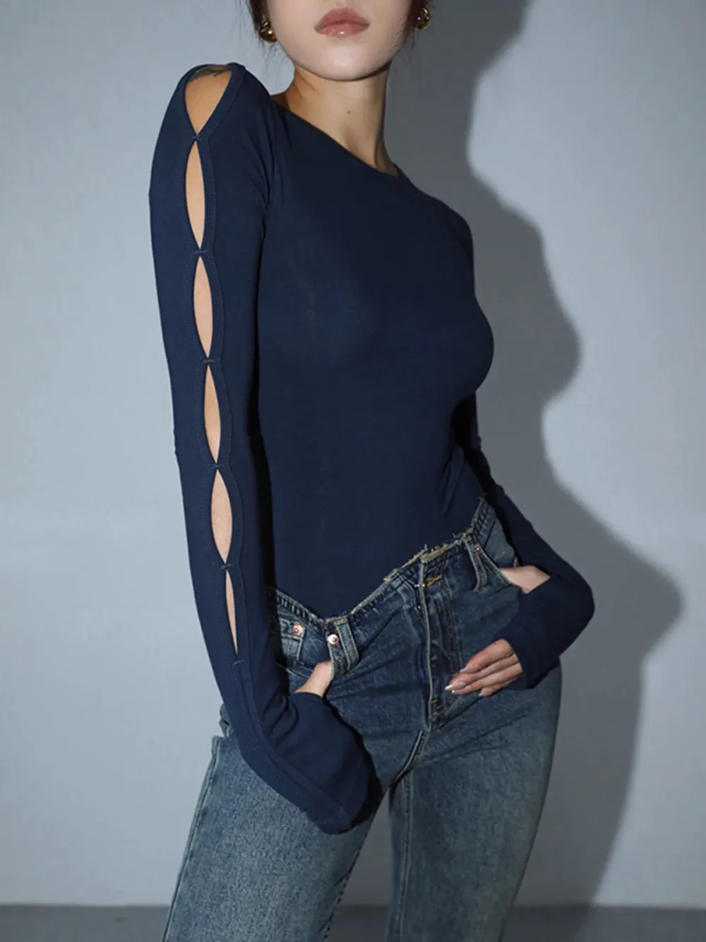 Hollow Crew Neck Long Sleeve Bodysuit