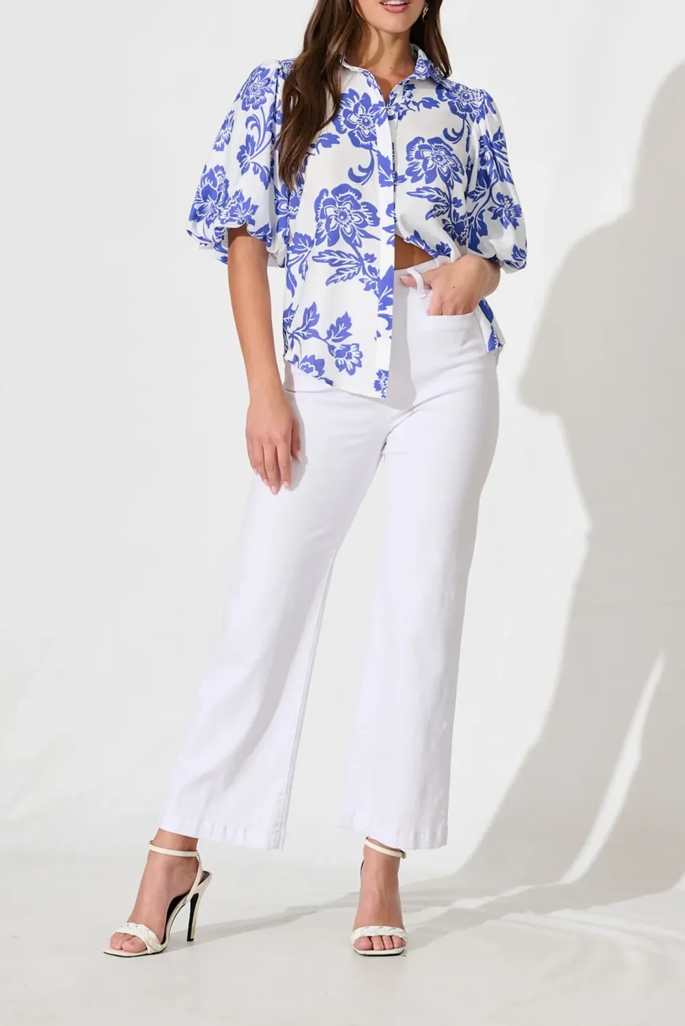 White Shirt With Blue Floral & Puff Sleeves