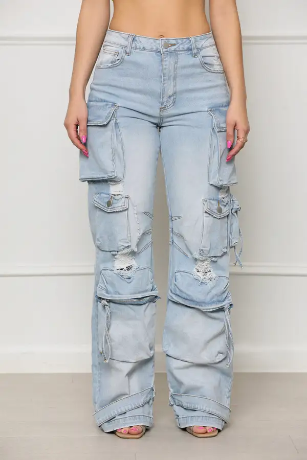 Always On Go Distressed Cargo Jeans (Light Wash)