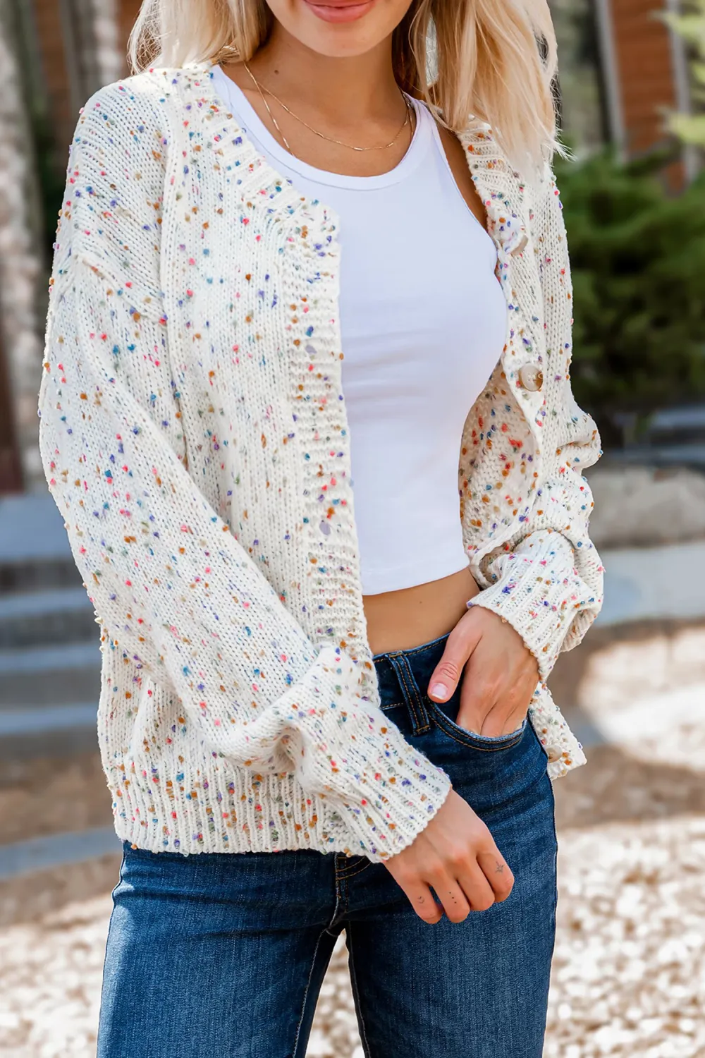 Confetti Knit Front Button Long Sleeve Cardigan