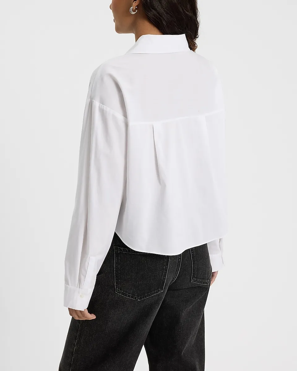 Embellished Collared V-Neck Long Sleeve Cropped Shirt