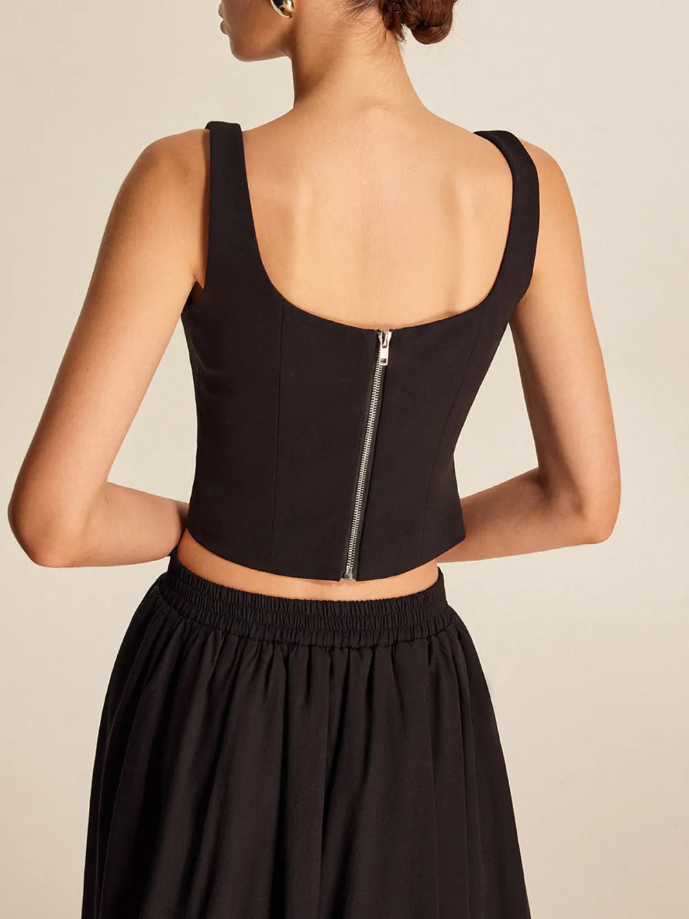 Rhinestonel Detail Square Neck Cropped Top With Back Zipper