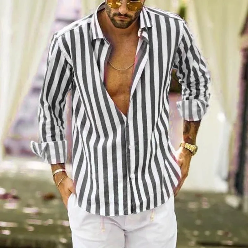 Men's Long-sleeved lapel striped shirt loose shirt