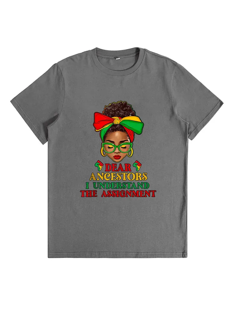 Black Woman Afro Messy Bun Dear Ancestors Juneteenth 1865 T-Shirt