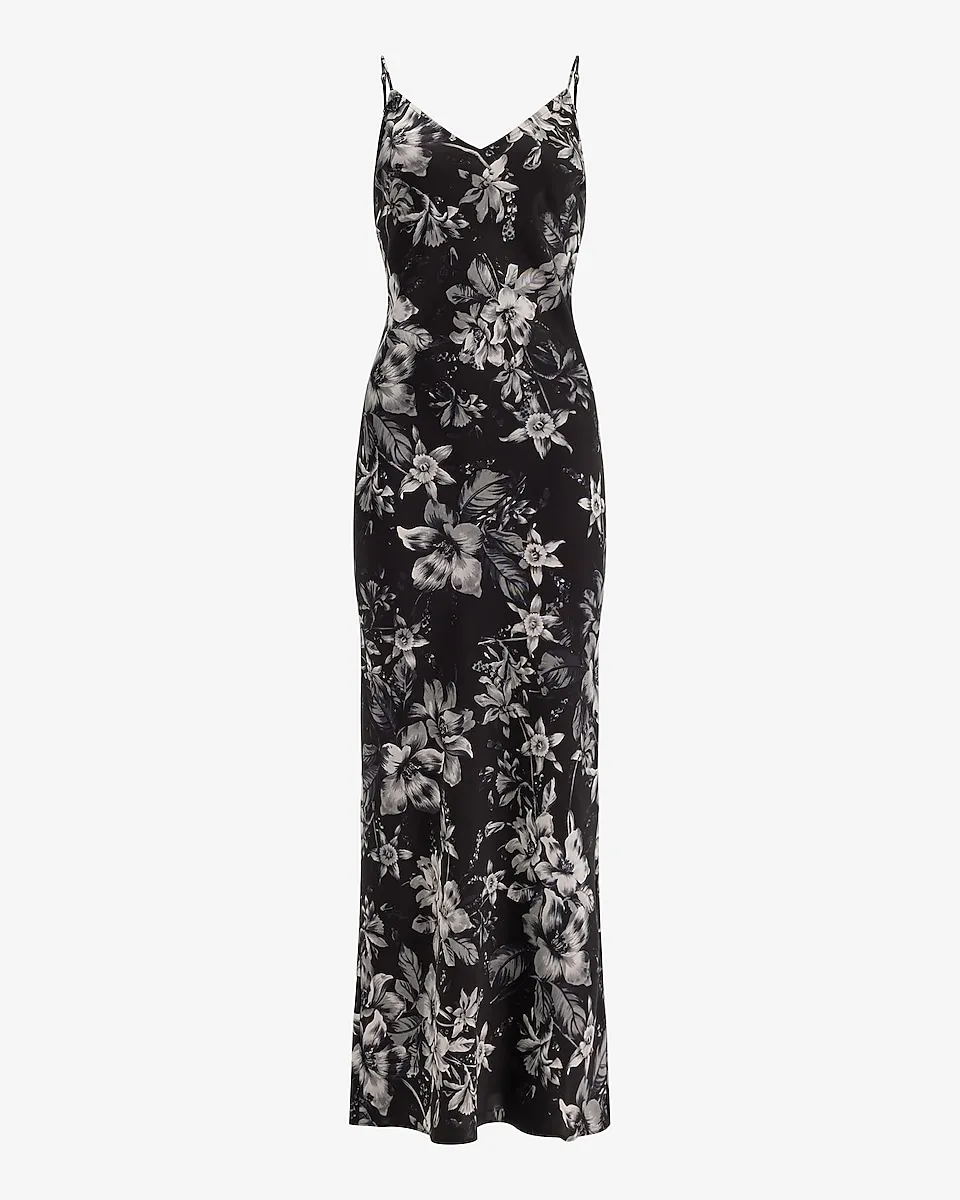 Floral Satin V-Neck Maxi Downtown Cami Slip Dress