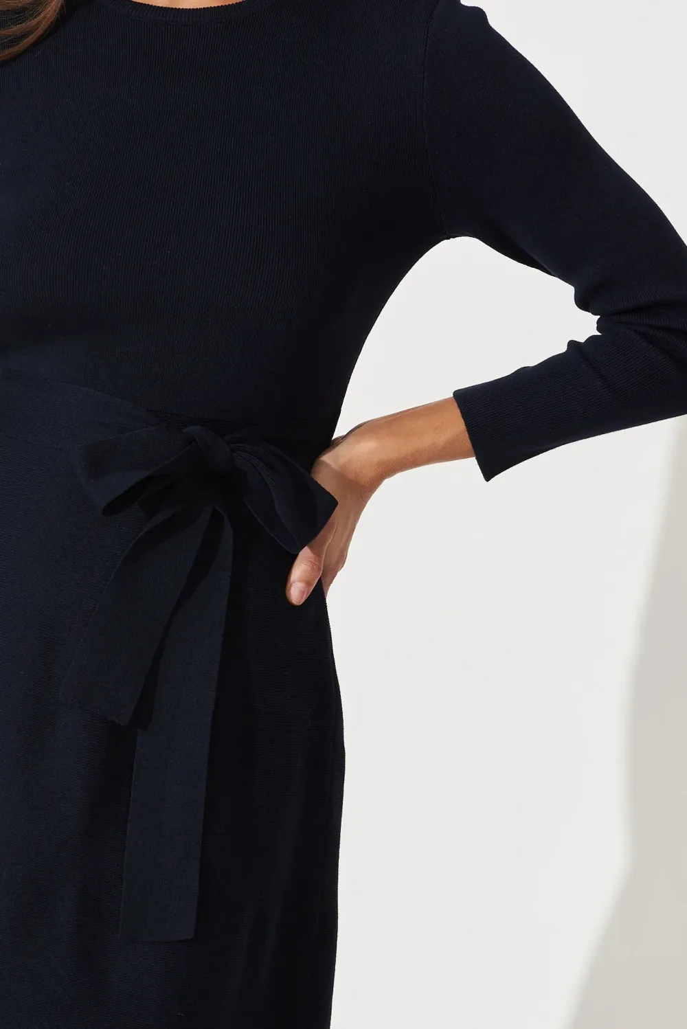 Navy Blue Belted Knitted Dress