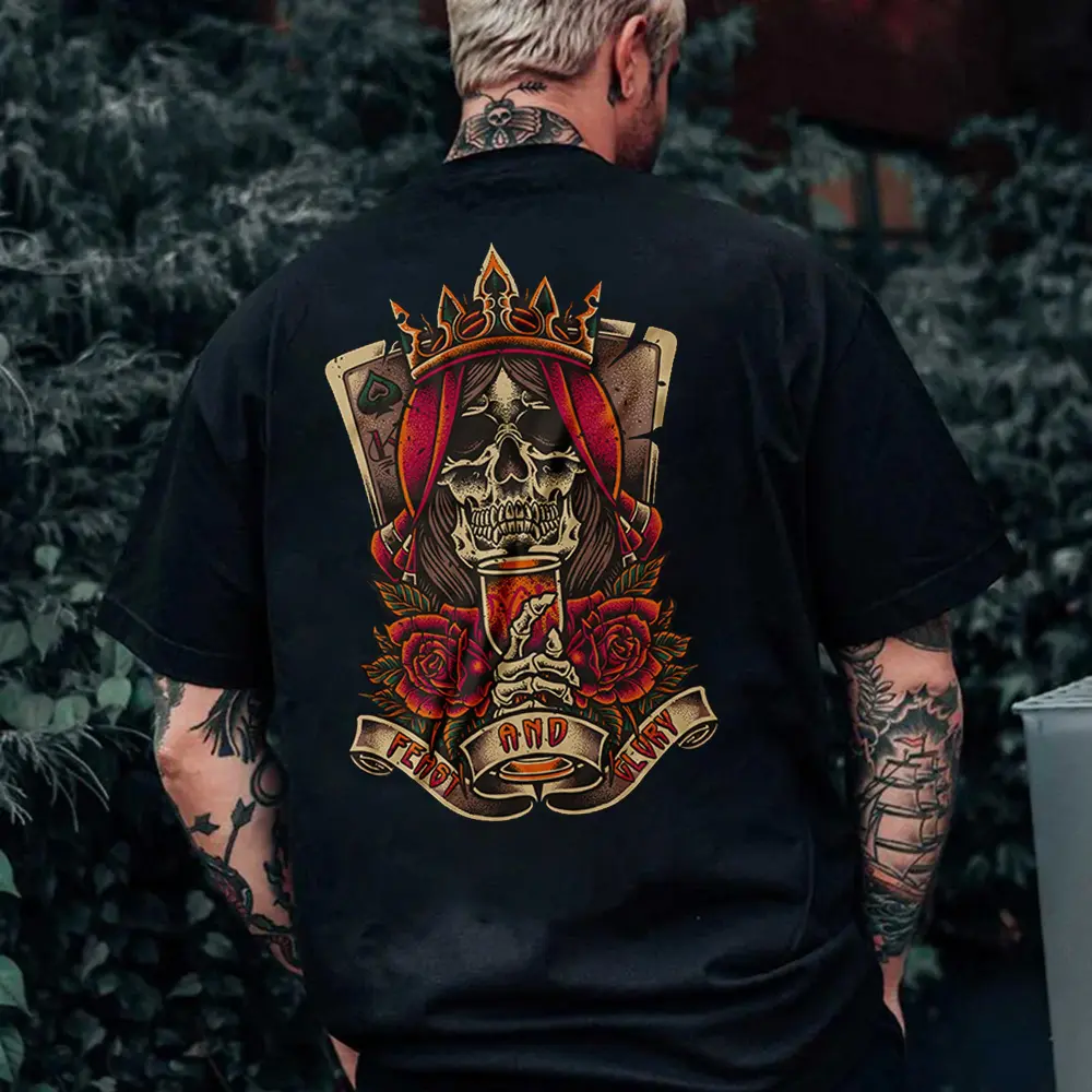 Feast And Glory Poker Skull Print Men's T-shirt