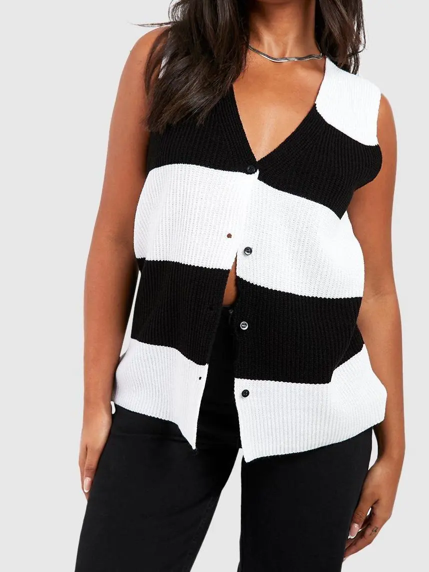 STRIPE LONGLINE BUTTON FRONT VEST