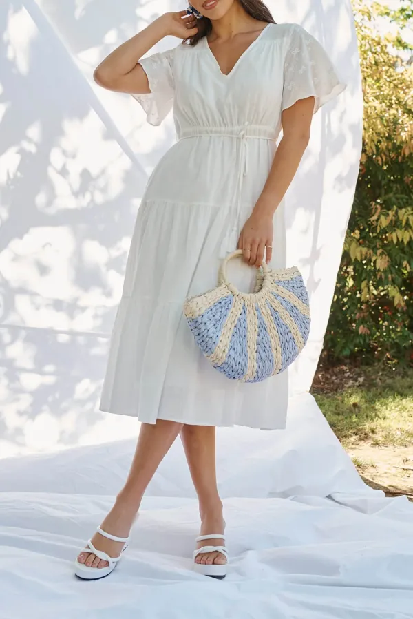 White Flutter Sleeve Tiered Midi Dress