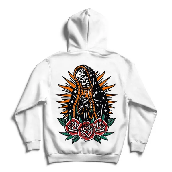 Grim Skeleton Floral Print Classic Loose White Hoodie