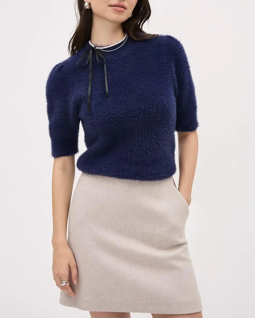 Elbow-Sleeve Mock-Neck Feather-Yarn Pullover