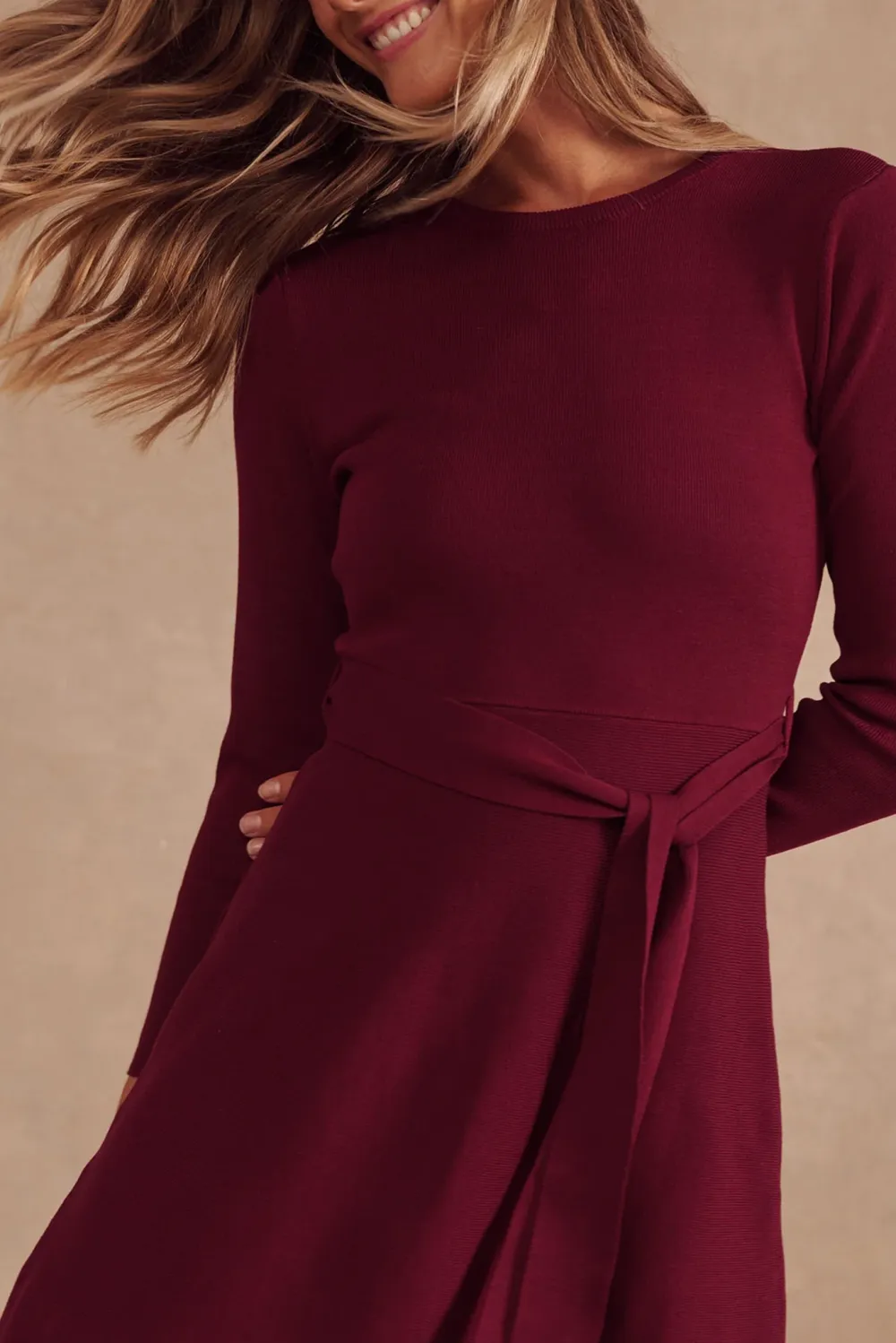 Burgundy Belted Knitted Dress