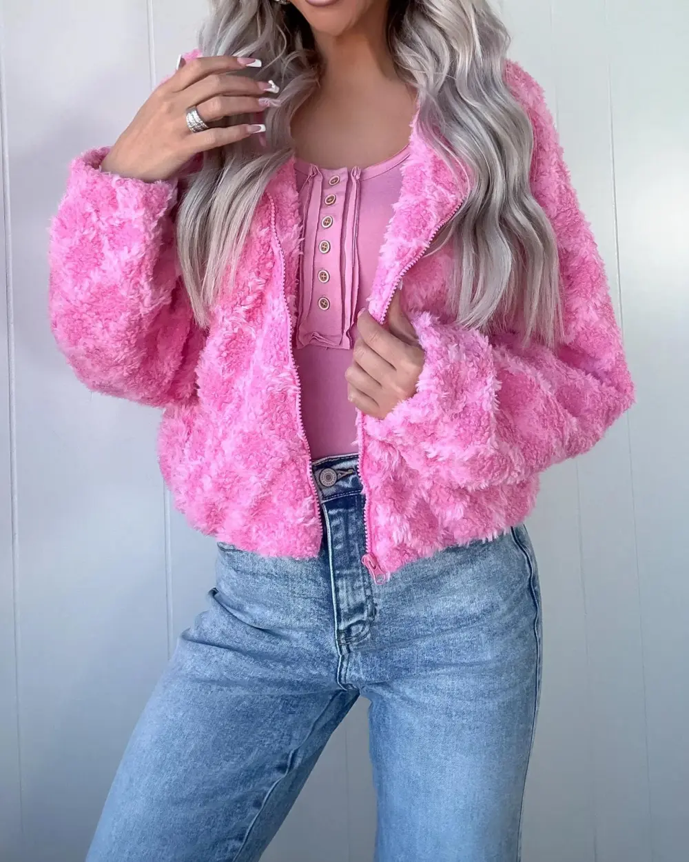 Spring Awakened Fuzzy Hooded Jacket - Pink