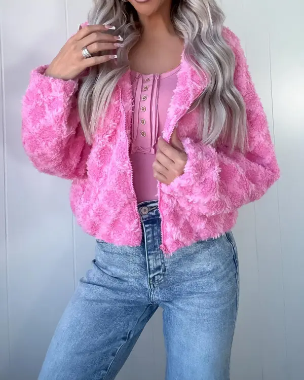 Spring Awakened Fuzzy Hooded Jacket - Pink