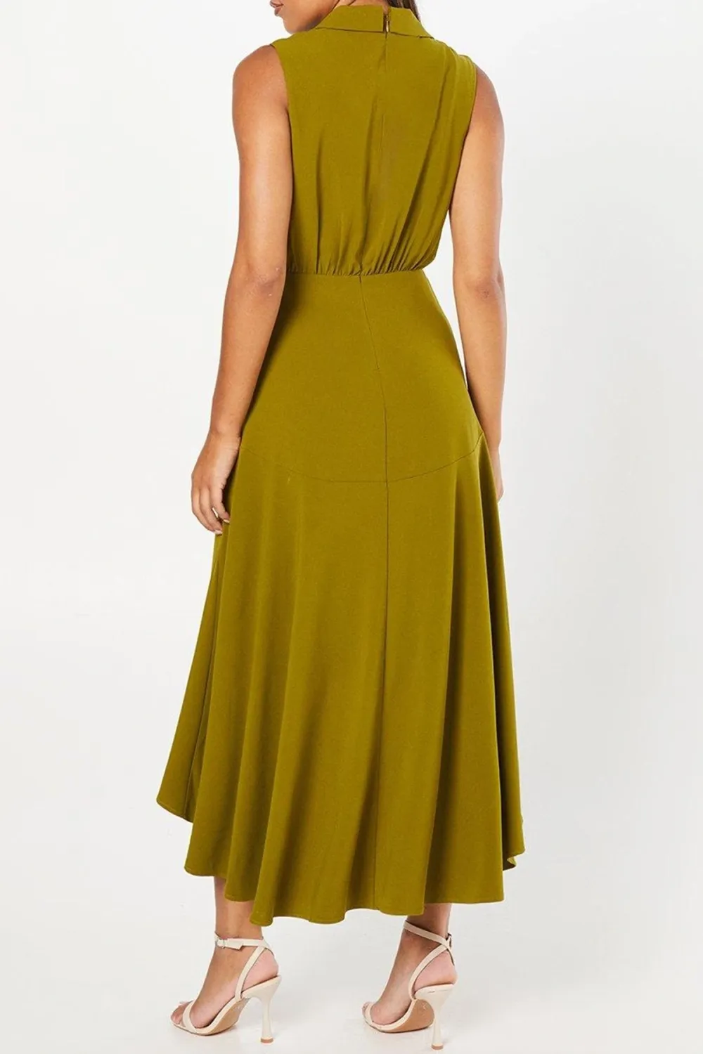 Collared Wrap Bodice Drape Crepe Midi Dress