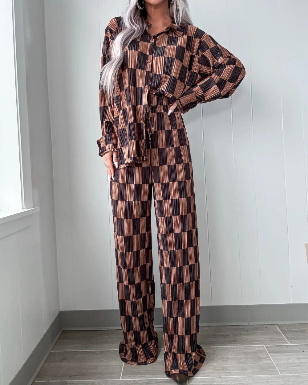 Polished Pleated Checkered Pants Set - Taupe/Black