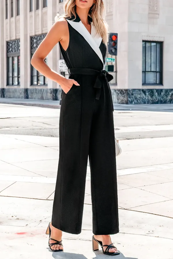 Black Colorblock Collar Wide Leg Jumpsuit